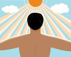 behind view tan skin man under the sunshine for get more vitamin d from the sun light healthy lifestyle concept flat illustration vector